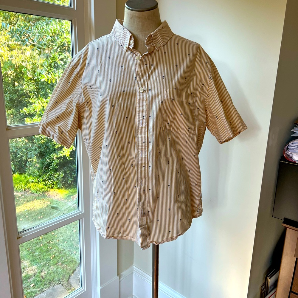 Short Sleeved Button Down Shirt - orange stripe w/ navy blue palm trees